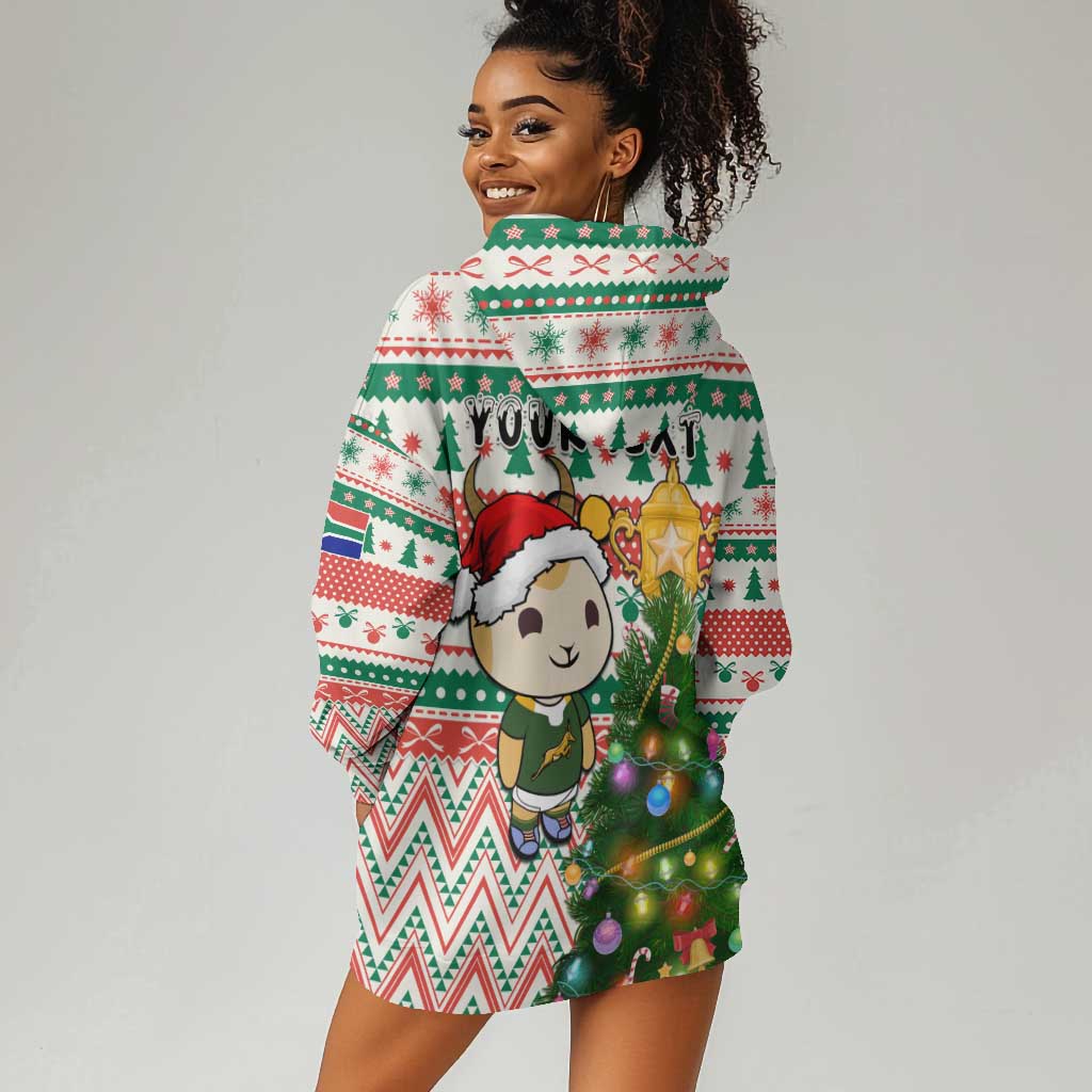 Personalized South Africa Rugby Christmas Hoodie Dress with Cute Springbok and Christmas Tree
