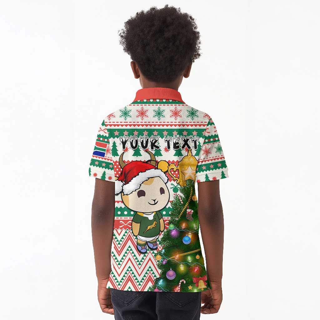 Personalized South Africa Rugby Christmas Kid Polo Shirt with Cute Springbok and Christmas Tree