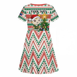 Personalized South Africa Rugby Christmas Kid Short Sleeve Dress with Cute Springbok and Christmas Tree