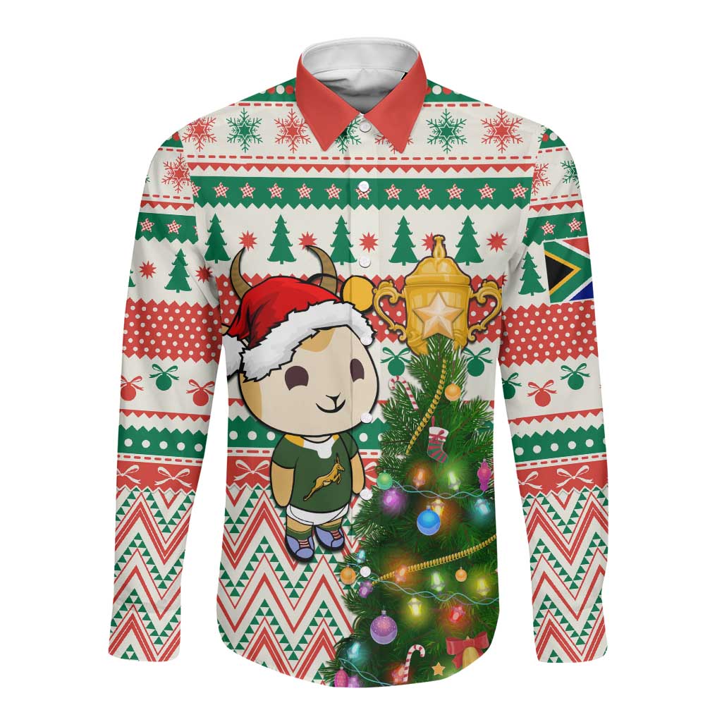 Personalized South Africa Rugby Christmas Long Sleeve Button Shirt with Cute Springbok and Christmas Tree