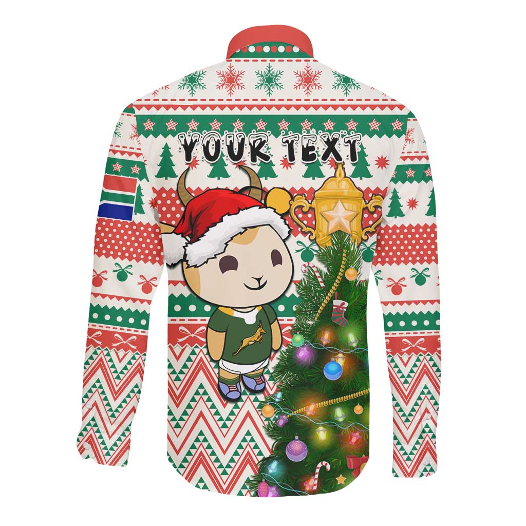 Personalized South Africa Rugby Christmas Long Sleeve Button Shirt with Cute Springbok and Christmas Tree