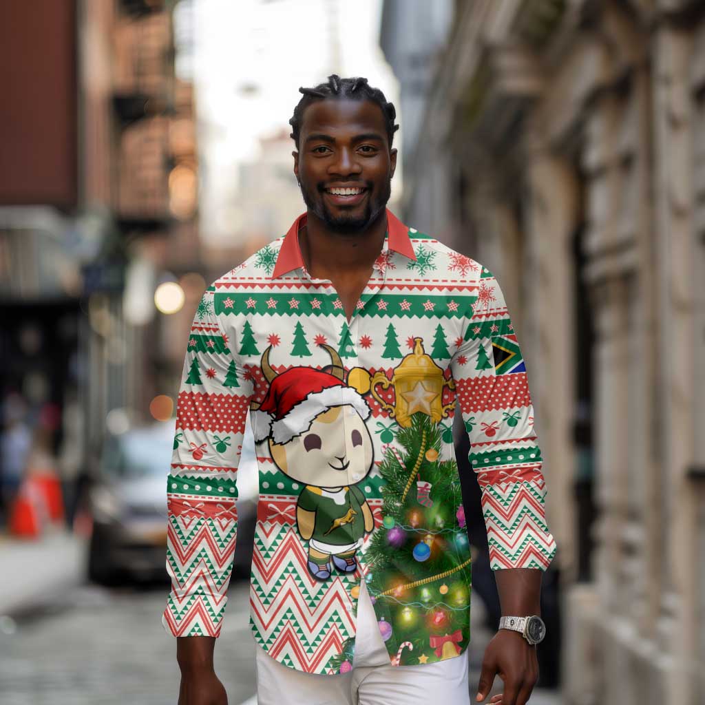 Personalized South Africa Rugby Christmas Long Sleeve Button Shirt with Cute Springbok and Christmas Tree