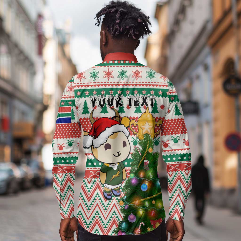 Personalized South Africa Rugby Christmas Long Sleeve Button Shirt with Cute Springbok and Christmas Tree