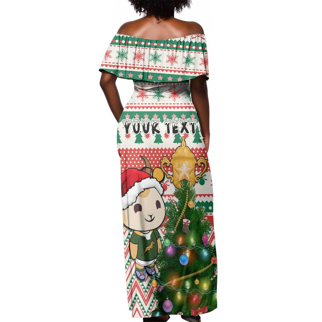 Personalized South Africa Rugby Christmas Off Shoulder Maxi Dress with Cute Springbok and Christmas Tree