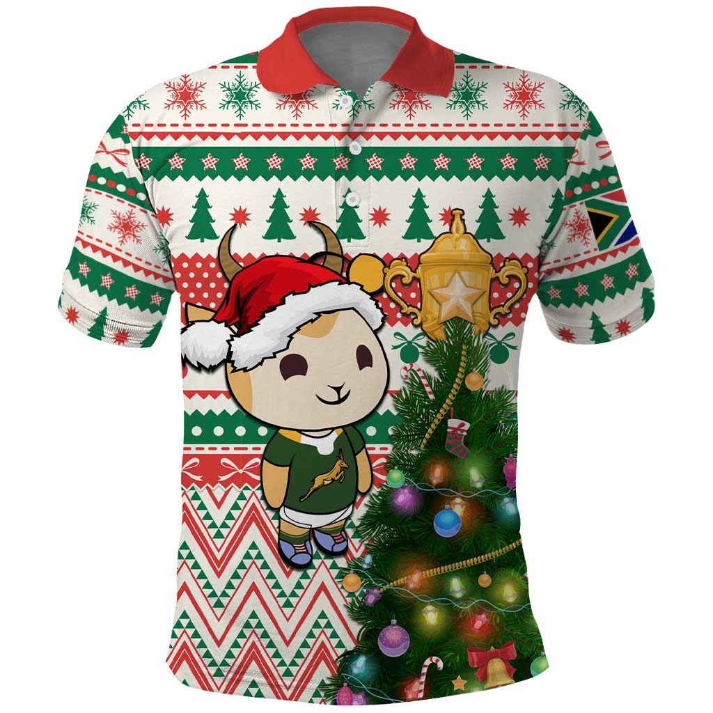 Personalized South Africa Rugby Christmas Polo Shirt with Cute Springbok and Christmas Tree