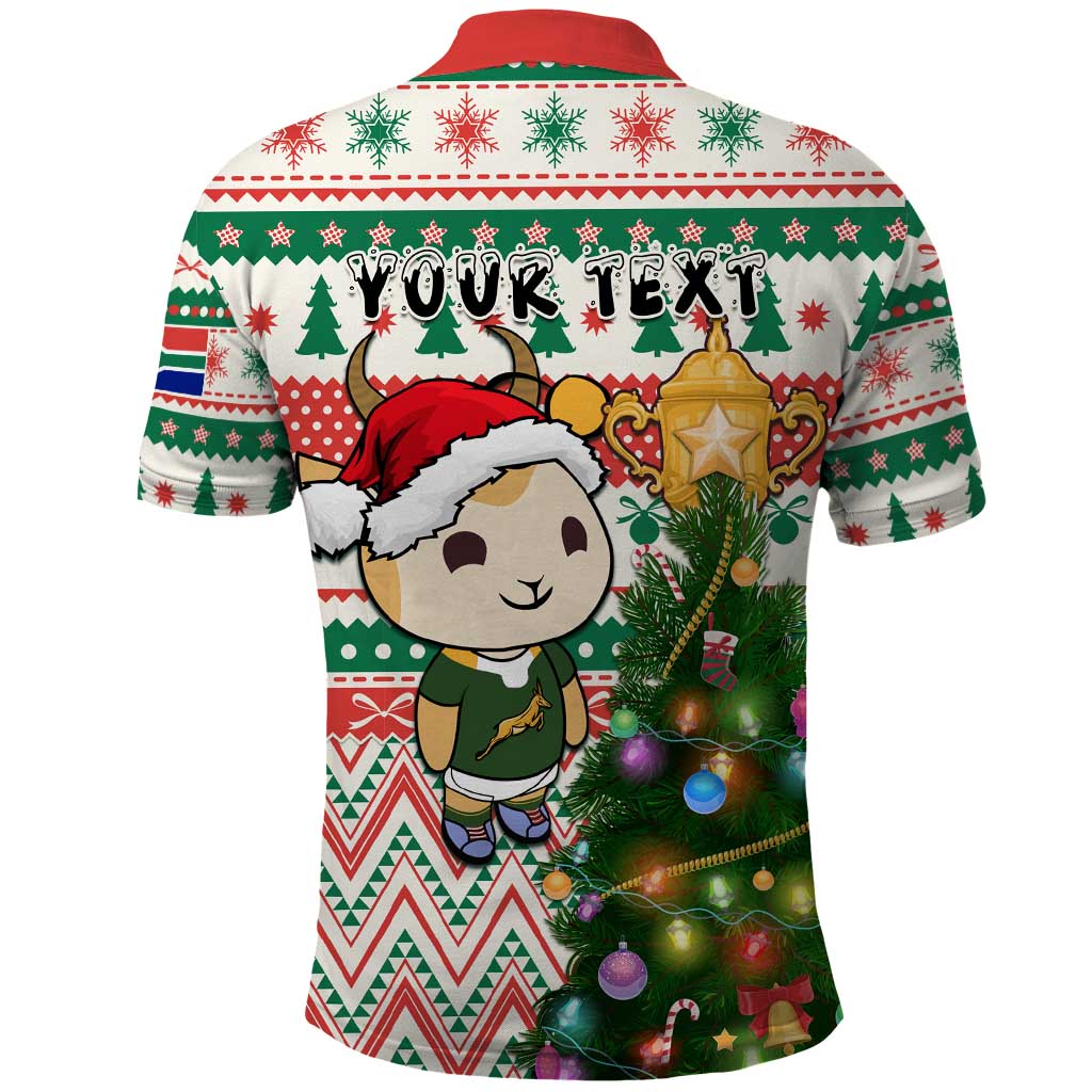 Personalized South Africa Rugby Christmas Polo Shirt with Cute Springbok and Christmas Tree