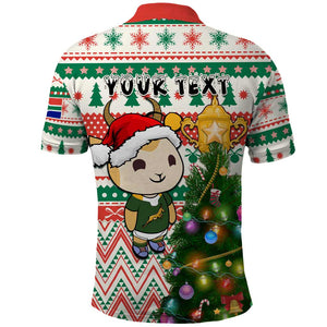 Personalized South Africa Rugby Christmas Polo Shirt with Cute Springbok and Christmas Tree