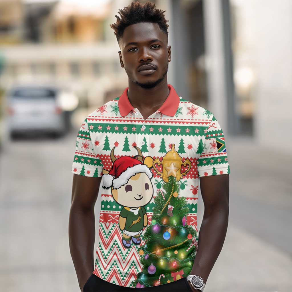 Personalized South Africa Rugby Christmas Polo Shirt with Cute Springbok and Christmas Tree