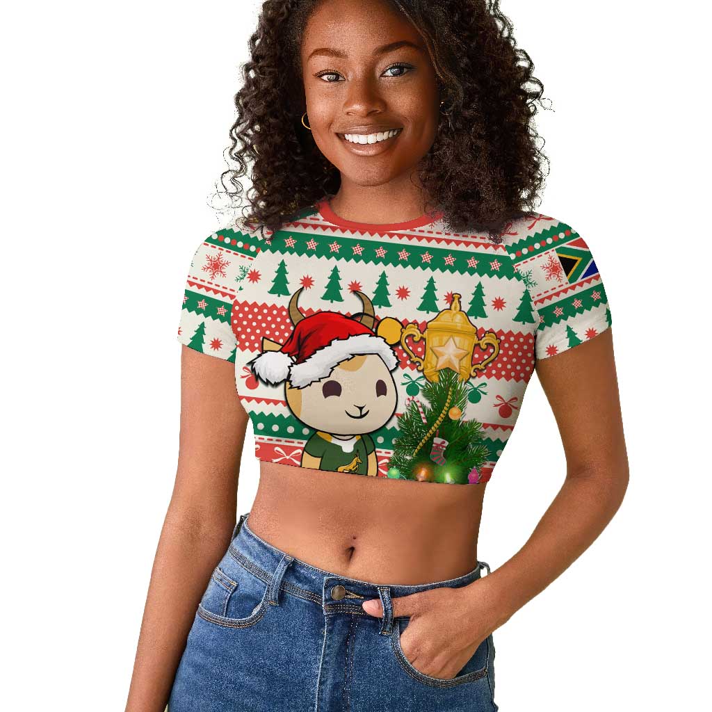 Personalized South Africa Rugby Christmas Raglan Cropped T shirt with Cute Springbok and Christmas Tree