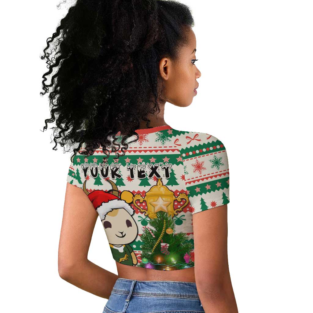 Personalized South Africa Rugby Christmas Raglan Cropped T shirt with Cute Springbok and Christmas Tree