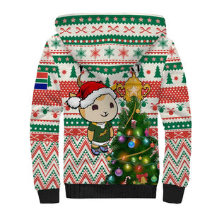 Personalized South Africa Rugby Christmas Sherpa Hoodie with Cute Springbok and Christmas Tree