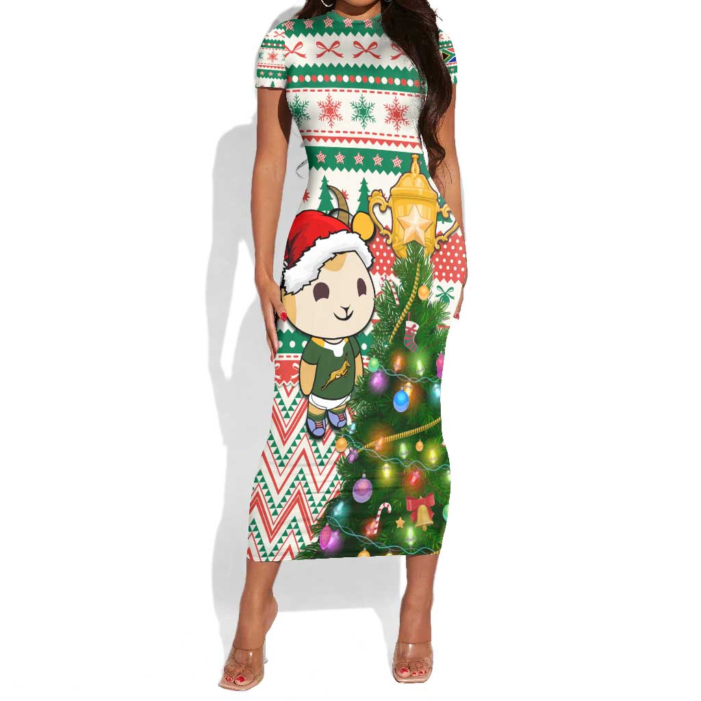 Personalized South Africa Rugby Christmas Short Sleeve Bodycon Dress with Cute Springbok and Christmas Tree