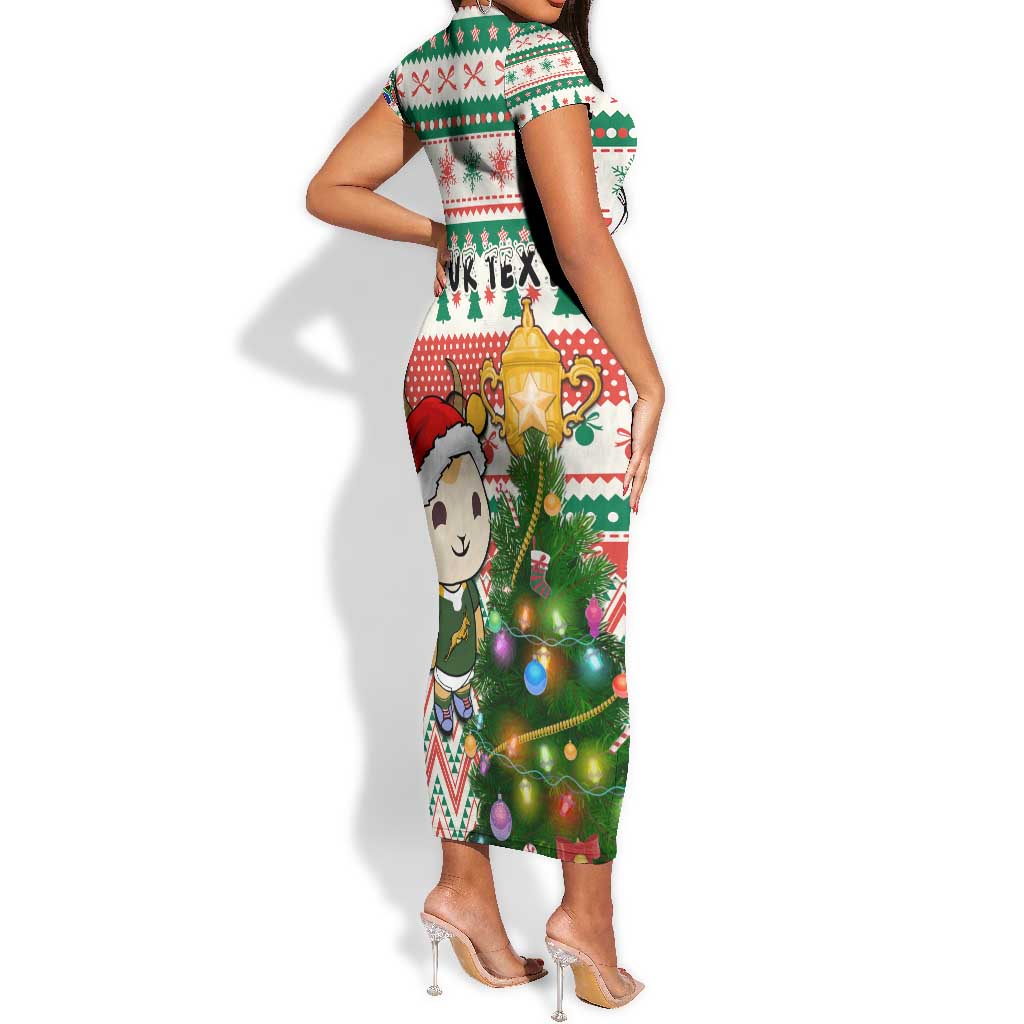 Personalized South Africa Rugby Christmas Short Sleeve Bodycon Dress with Cute Springbok and Christmas Tree