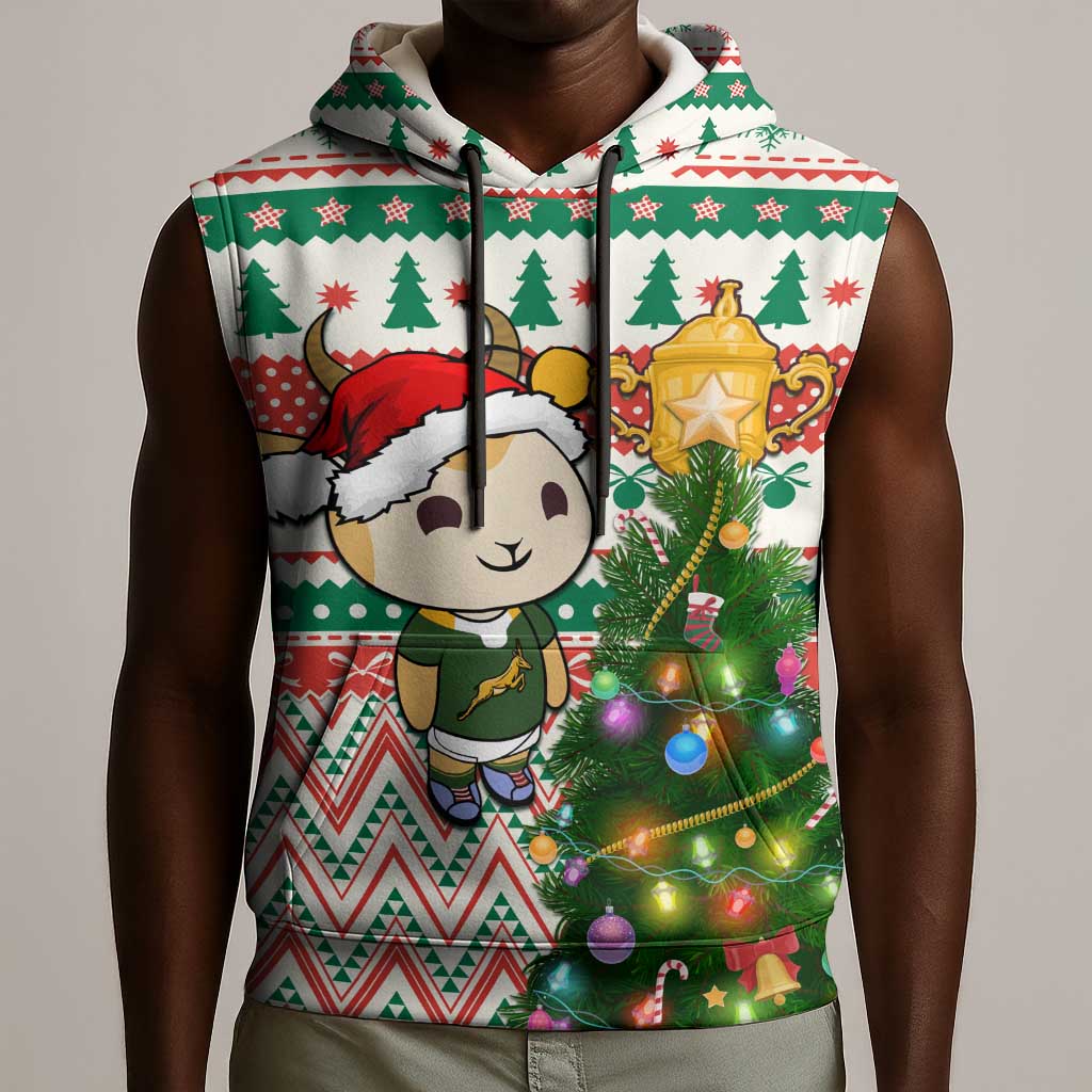 Personalized South Africa Rugby Christmas Sleeveless Hoodie with Cute Springbok and Christmas Tree - African Pride