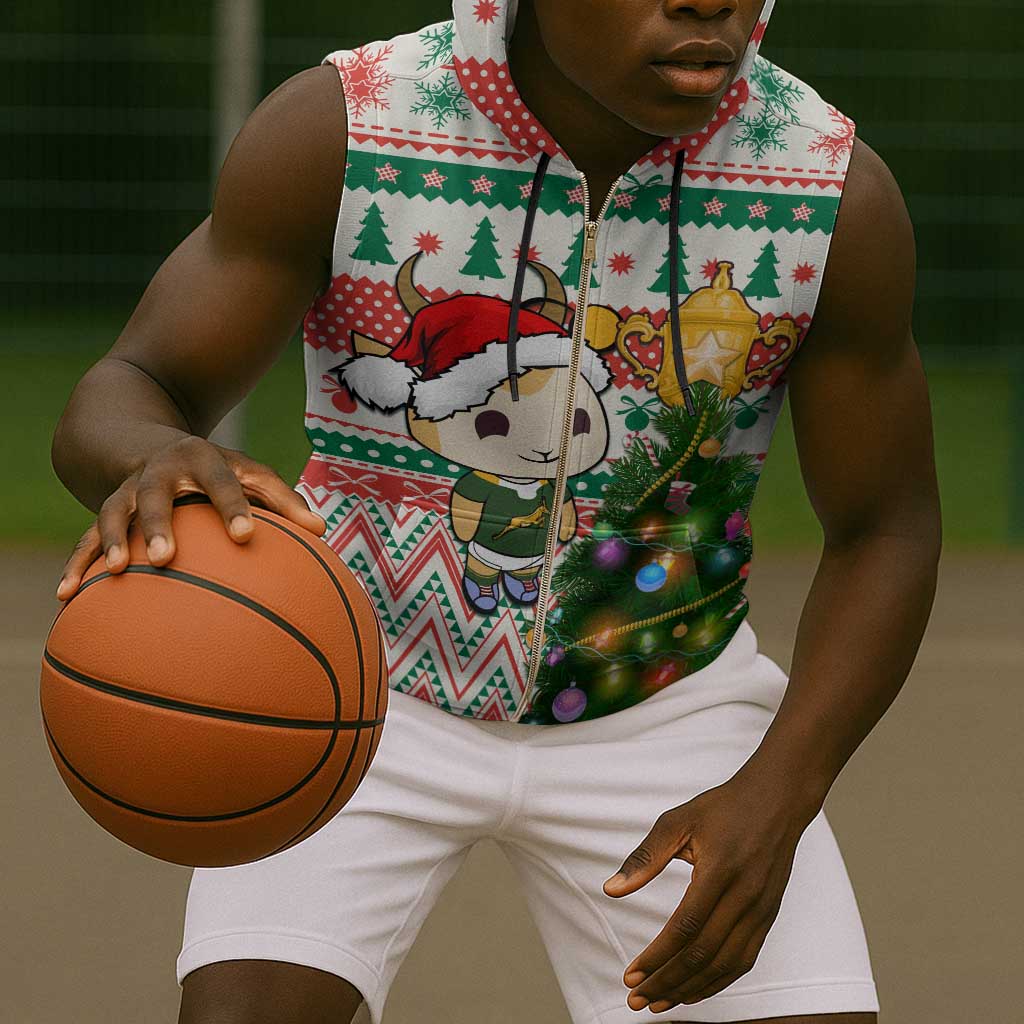 Personalized South Africa Rugby Christmas Sleeveless Zip Hoodie with Cute Springbok and Christmas Tree - African Pride