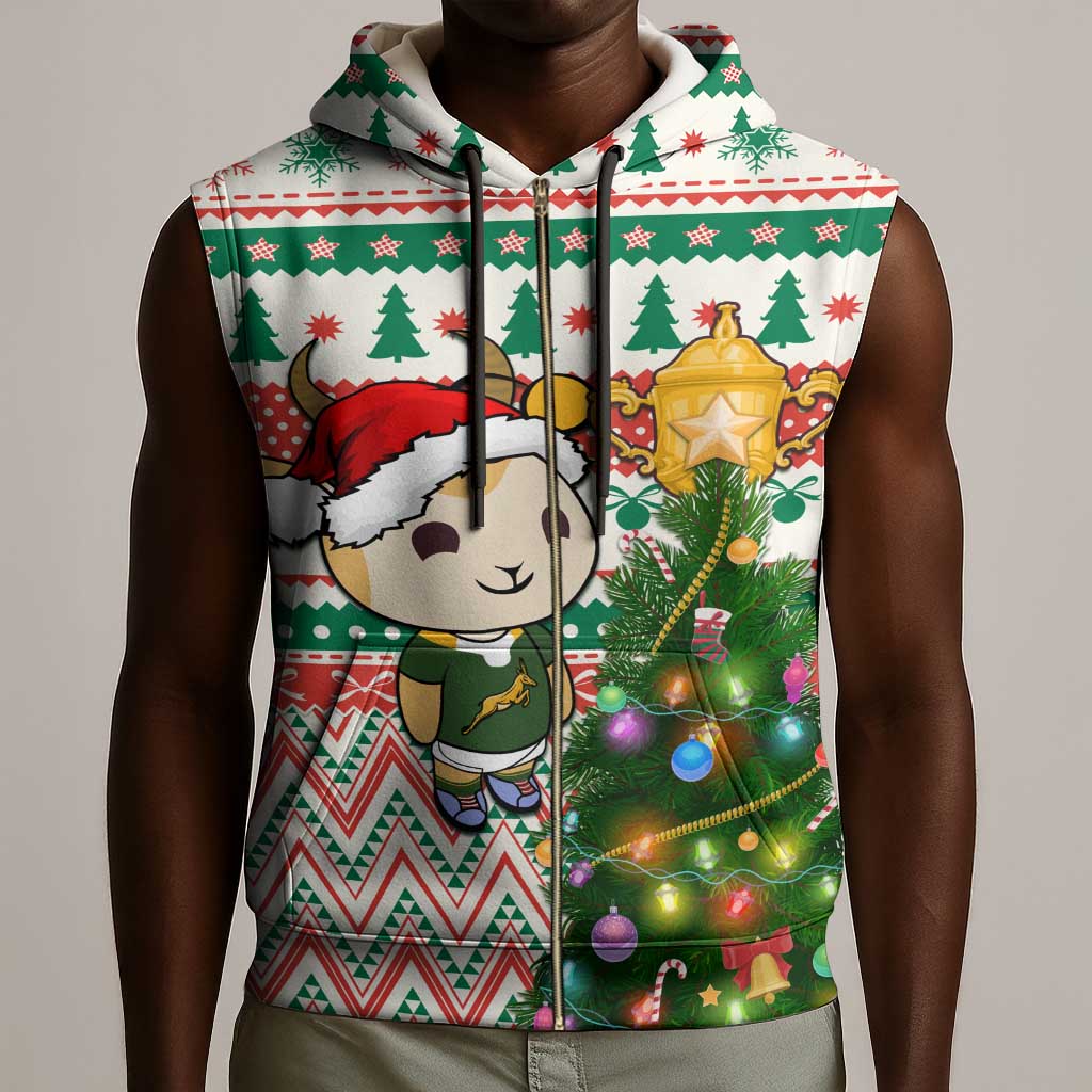 Personalized South Africa Rugby Christmas Sleeveless Zip Hoodie with Cute Springbok and Christmas Tree - African Pride