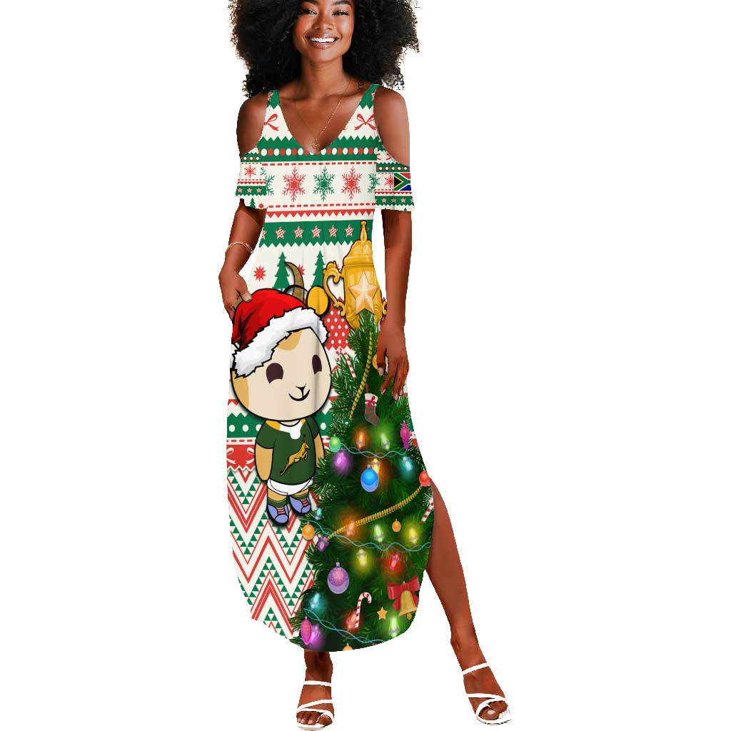 Personalized South Africa Rugby Christmas Summer Maxi Dress with Cute Springbok and Christmas Tree