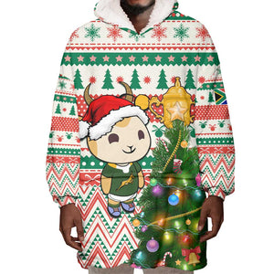 Personalized South Africa Rugby Christmas Wearable Blanket Hoodie with Cute Springbok and Christmas Tree