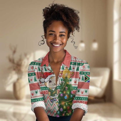 Personalized South Africa Rugby Christmas Women Casual Shirt with Cute Springbok and Christmas Tree LT01