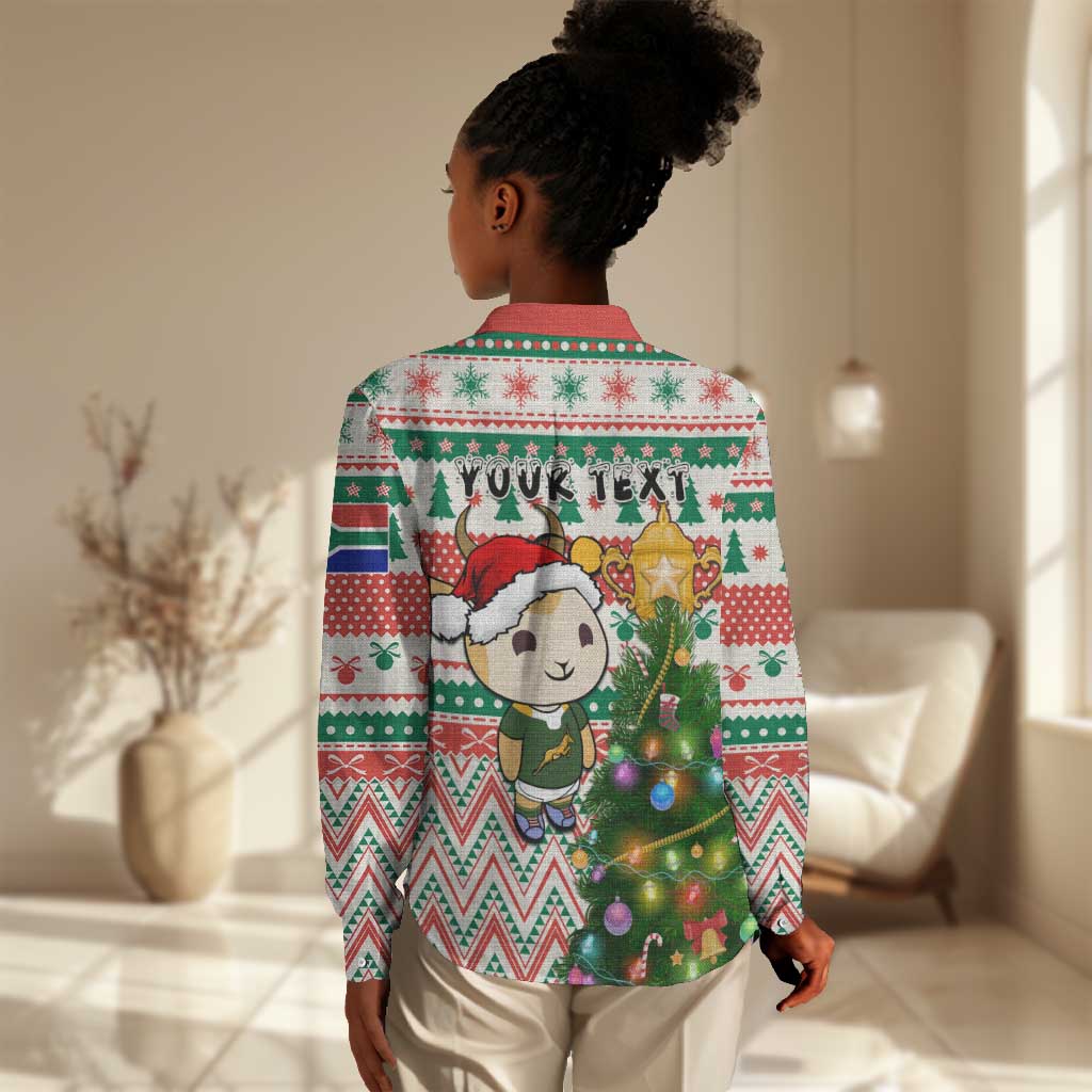 Personalized South Africa Rugby Christmas Women Casual Shirt with Cute Springbok and Christmas Tree LT01