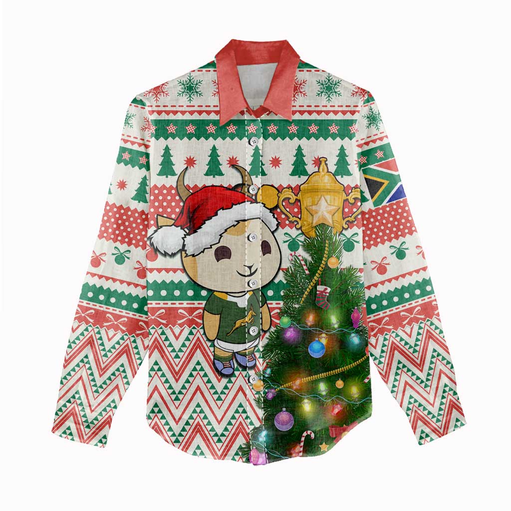 Personalized South Africa Rugby Christmas Women Casual Shirt with Cute Springbok and Christmas Tree LT01