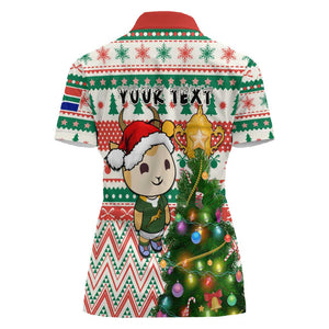 Personalized South Africa Rugby Christmas Women Polo Shirt with Cute Springbok and Christmas Tree