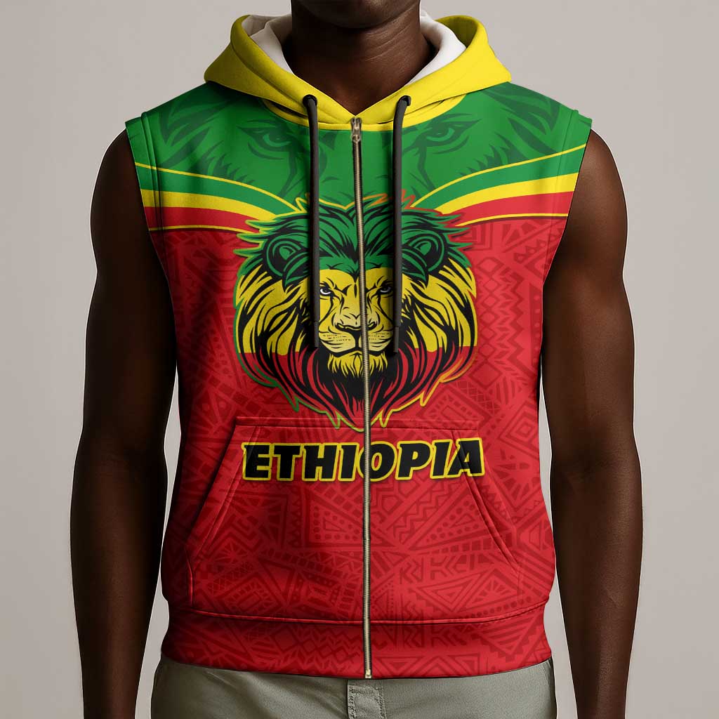 Personalized Ethiopia Sleeveless Zip Hoodie with Lion of Judah Flag Style - Special Version - African Pride