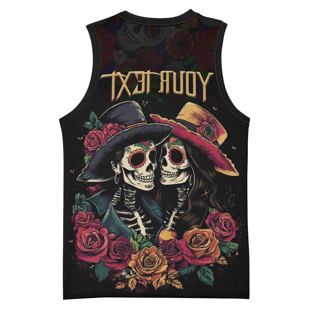 Personalised Sugar Skull Couple Valentine Basketball Jersey Roses Romantic Love - African Pride