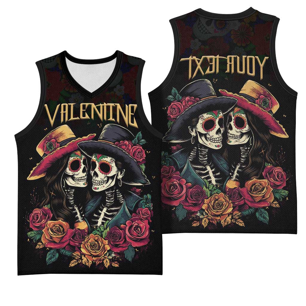Personalised Sugar Skull Couple Valentine Basketball Jersey Roses Romantic Love - African Pride
