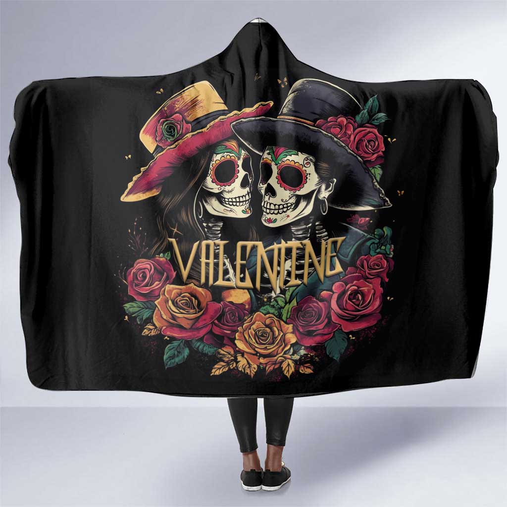 Sugar Skull Couple Valentine Hooded Blanket Roses Romantic Love