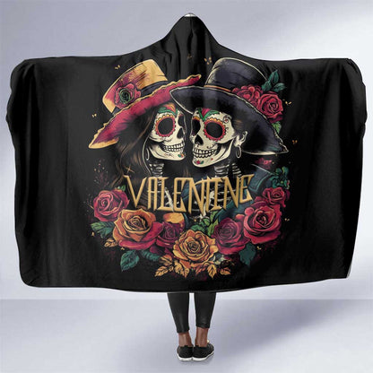 Sugar Skull Couple Valentine Hooded Blanket Roses Romantic Love