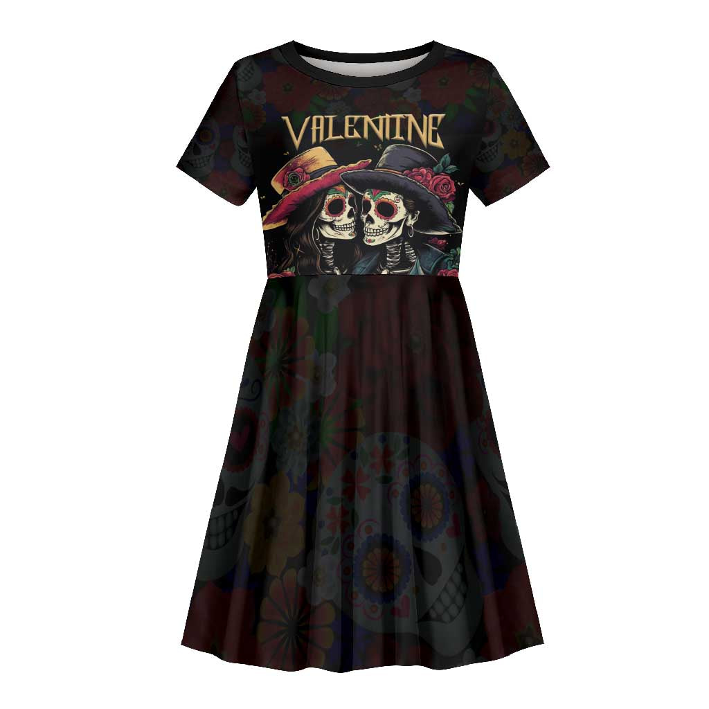 Personalised Sugar Skull Couple Valentine Kid Short Sleeve Dress Roses Romantic Love
