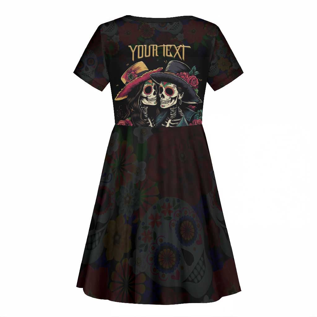Personalised Sugar Skull Couple Valentine Kid Short Sleeve Dress Roses Romantic Love