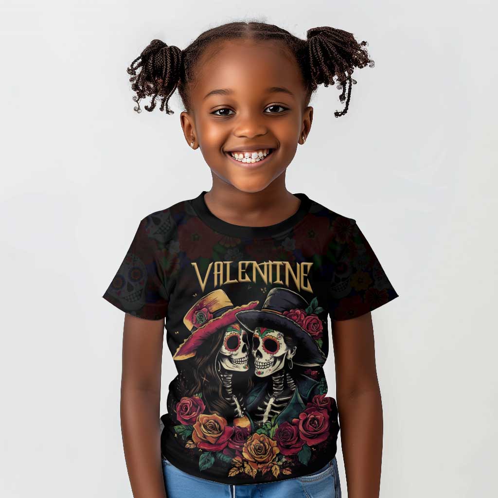 Personalised Sugar Skull Couple Valentine Kid T shirt Roses Romantic Love
