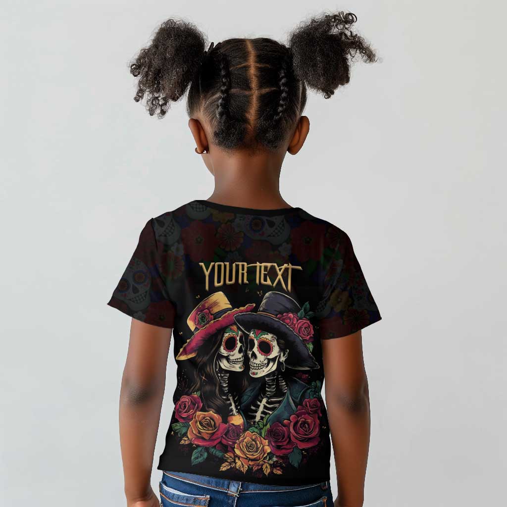 Personalised Sugar Skull Couple Valentine Kid T shirt Roses Romantic Love