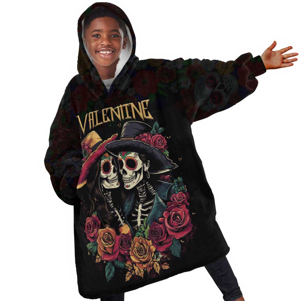 Personalised Sugar Skull Couple Valentine Kid Wearable Blanket Hoodie Roses Romantic Love