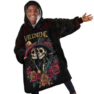 Personalised Sugar Skull Couple Valentine Kid Wearable Blanket Hoodie Roses Romantic Love