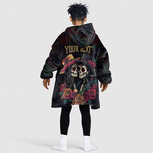 Personalised Sugar Skull Couple Valentine Kid Wearable Blanket Hoodie Roses Romantic Love