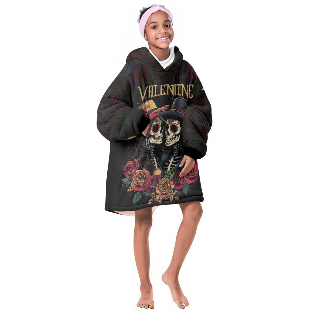 Personalised Sugar Skull Couple Valentine Kid Wearable Blanket Hoodie Roses Romantic Love