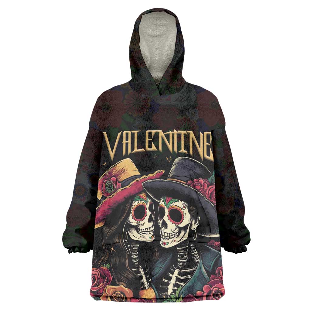 Personalised Sugar Skull Couple Valentine Kid Wearable Blanket Hoodie Roses Romantic Love