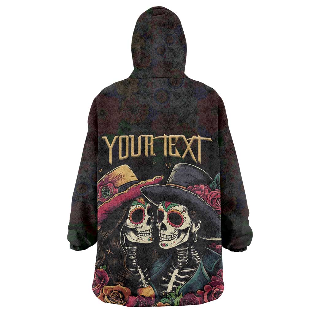 Personalised Sugar Skull Couple Valentine Kid Wearable Blanket Hoodie Roses Romantic Love