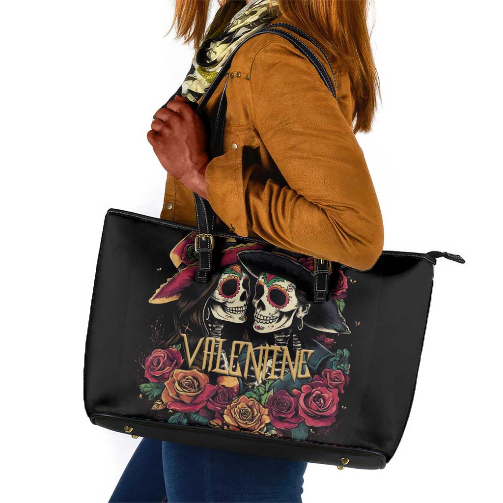 Sugar Skull Couple Valentine Leather Tote Bag Roses Romantic Love