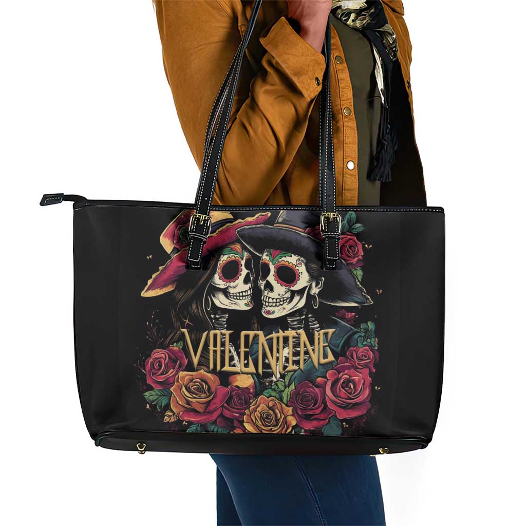 Sugar Skull Couple Valentine Leather Tote Bag Roses Romantic Love