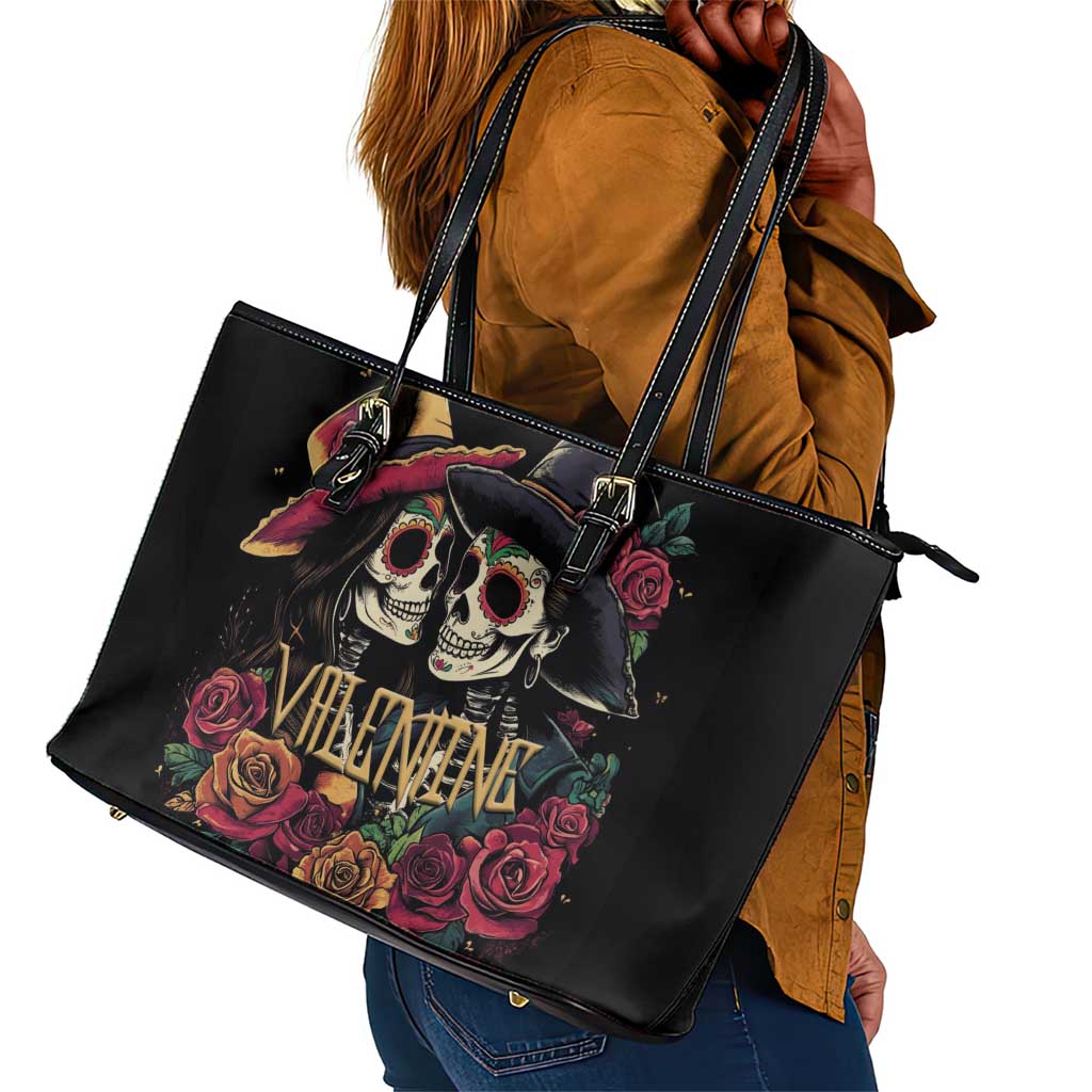 Sugar Skull Couple Valentine Leather Tote Bag Roses Romantic Love