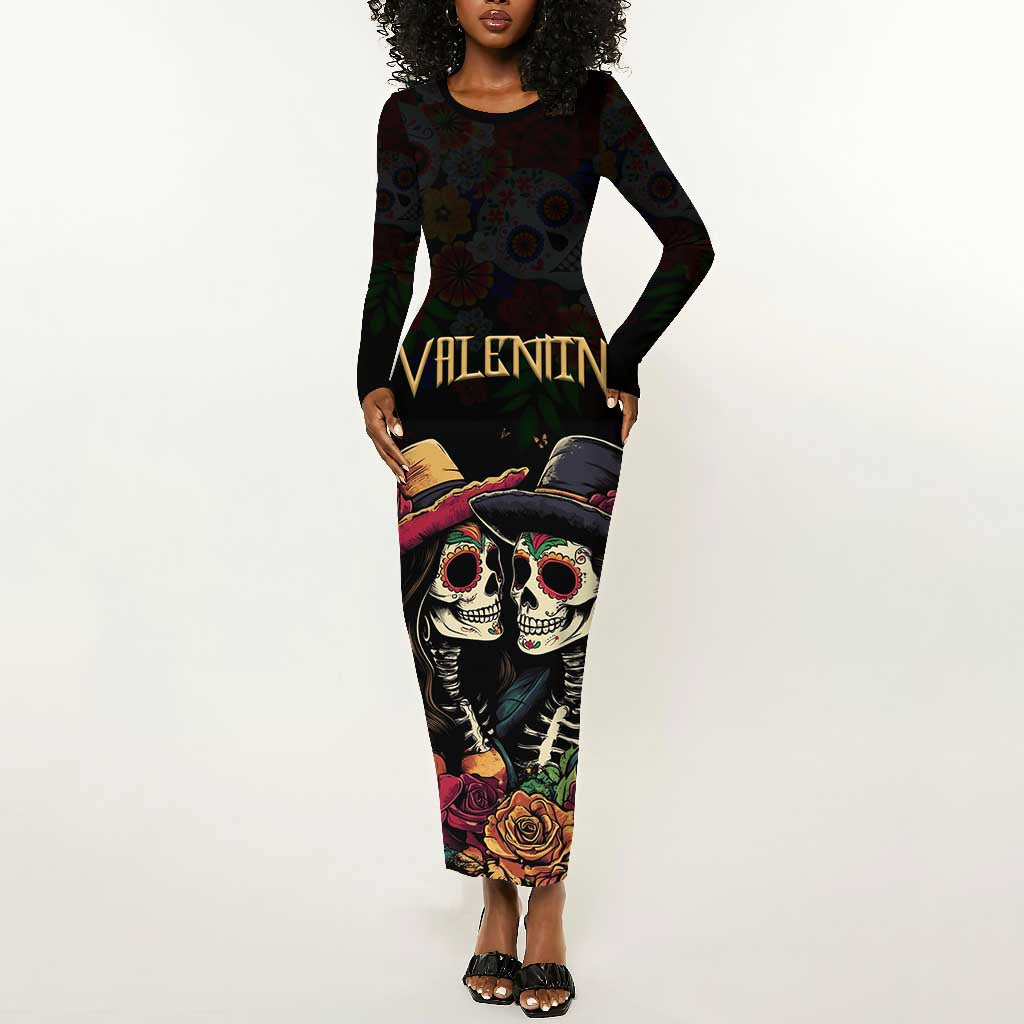 Personalised Sugar Skull Couple Valentine Long Sleeve Bodycon Dress Roses Romantic Love