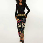 Personalised Sugar Skull Couple Valentine Long Sleeve Bodycon Dress Roses Romantic Love