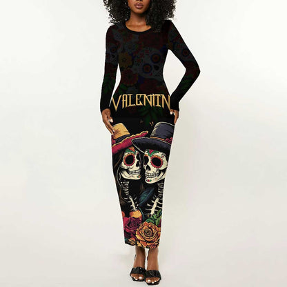 Personalised Sugar Skull Couple Valentine Long Sleeve Bodycon Dress Roses Romantic Love