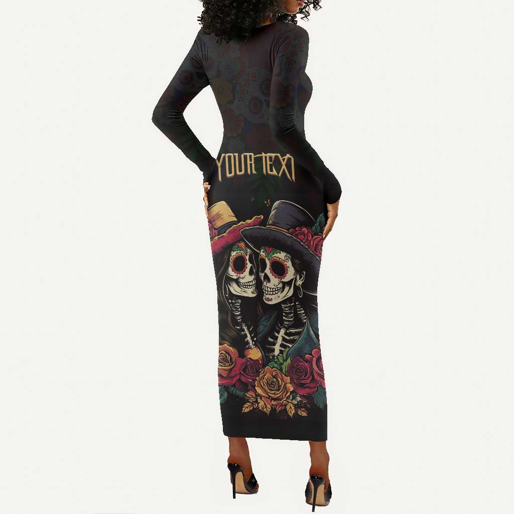 Personalised Sugar Skull Couple Valentine Long Sleeve Bodycon Dress Roses Romantic Love