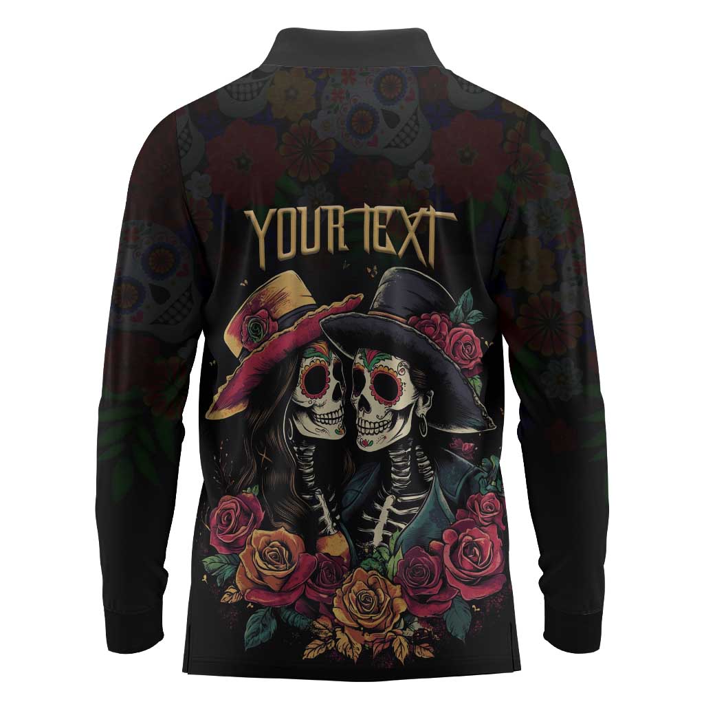 Personalised Sugar Skull Couple Valentine Long Sleeve Polo Shirt Roses Romantic Love