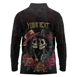 Personalised Sugar Skull Couple Valentine Long Sleeve Polo Shirt Roses Romantic Love